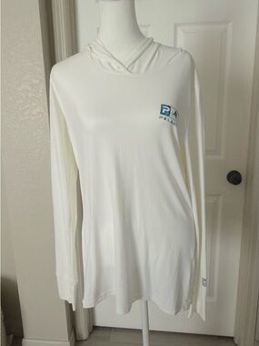 Pelagic 50+ UPF Cream Hooded Long Sleeve Sun Shirt with Blue Logo